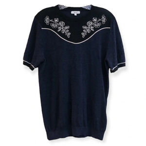 Reiss Navy Linen Blend Floral Embroidered Short Sleeve Designer Knit Top Small